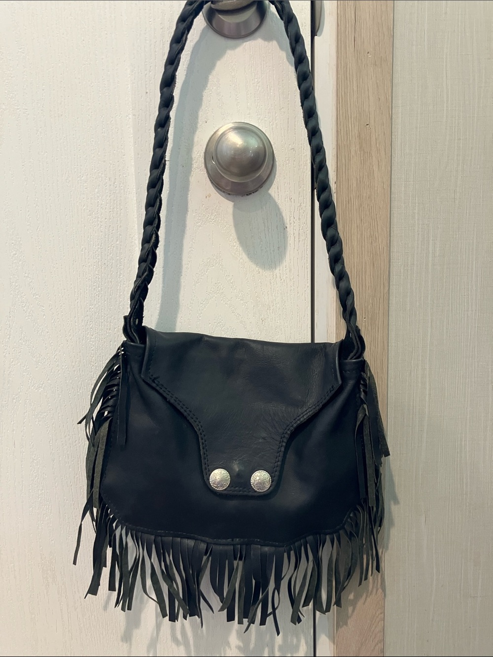 Vintage Black Fringe Leather Crossbody Bag
